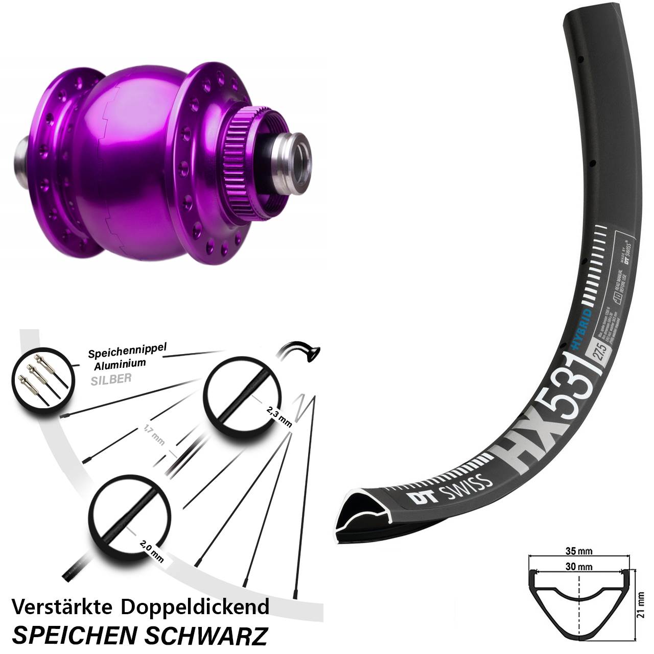 Nabendynamovorderrad Centerlock 12x100 29 Zoll DT Swiss HX531 SON 28 violett