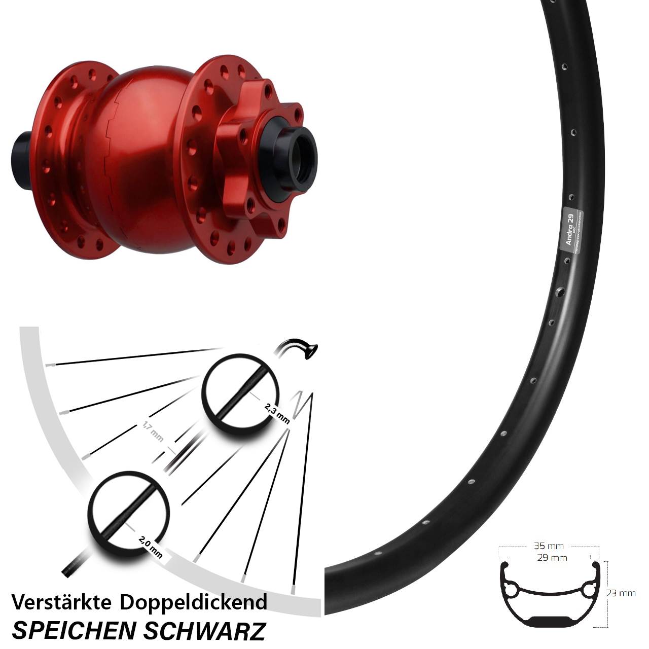 Nabendynamovorderrad 6-Loch 27,5 Zoll Ryde Andra 29 SON 28 rot 15x110 Boost