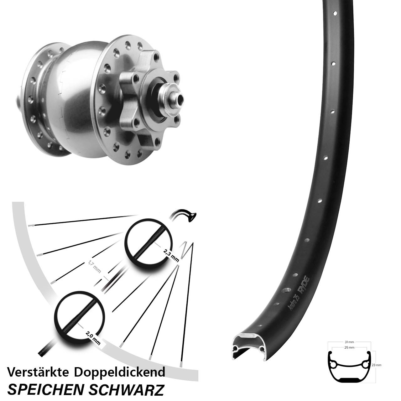 28-29 Zoll Ryde Andra 25 SON 28 silbern Disc Vorderrad mit Nabendynamo QR
