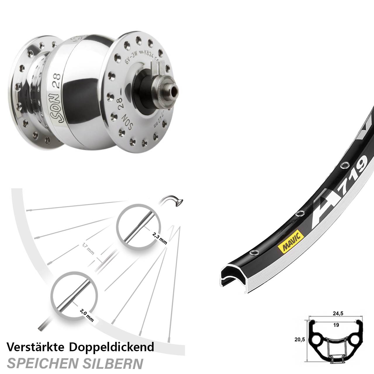 Vorderrad inkl. Nabendynamo QR SON 28 Zoll Mavic A719