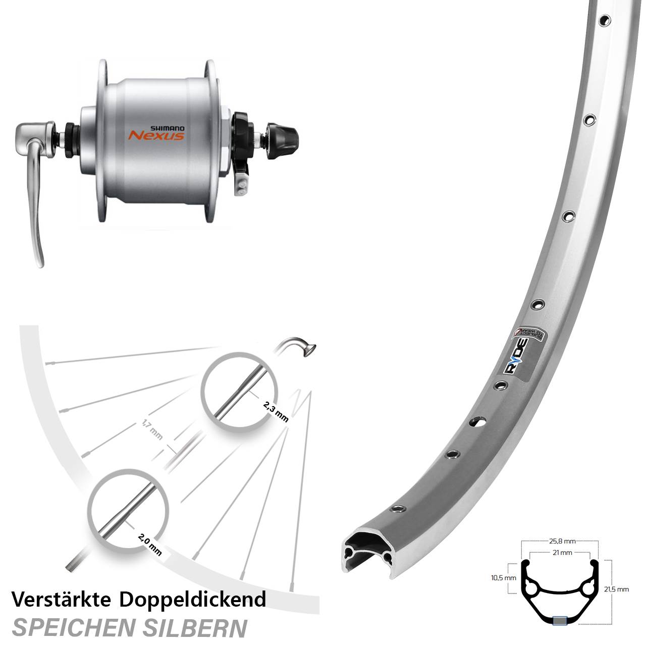 Nabendynamolaufrad 28 Zoll Ryde ZAC 421 Shimano DH-C3000 für Schnellspanner