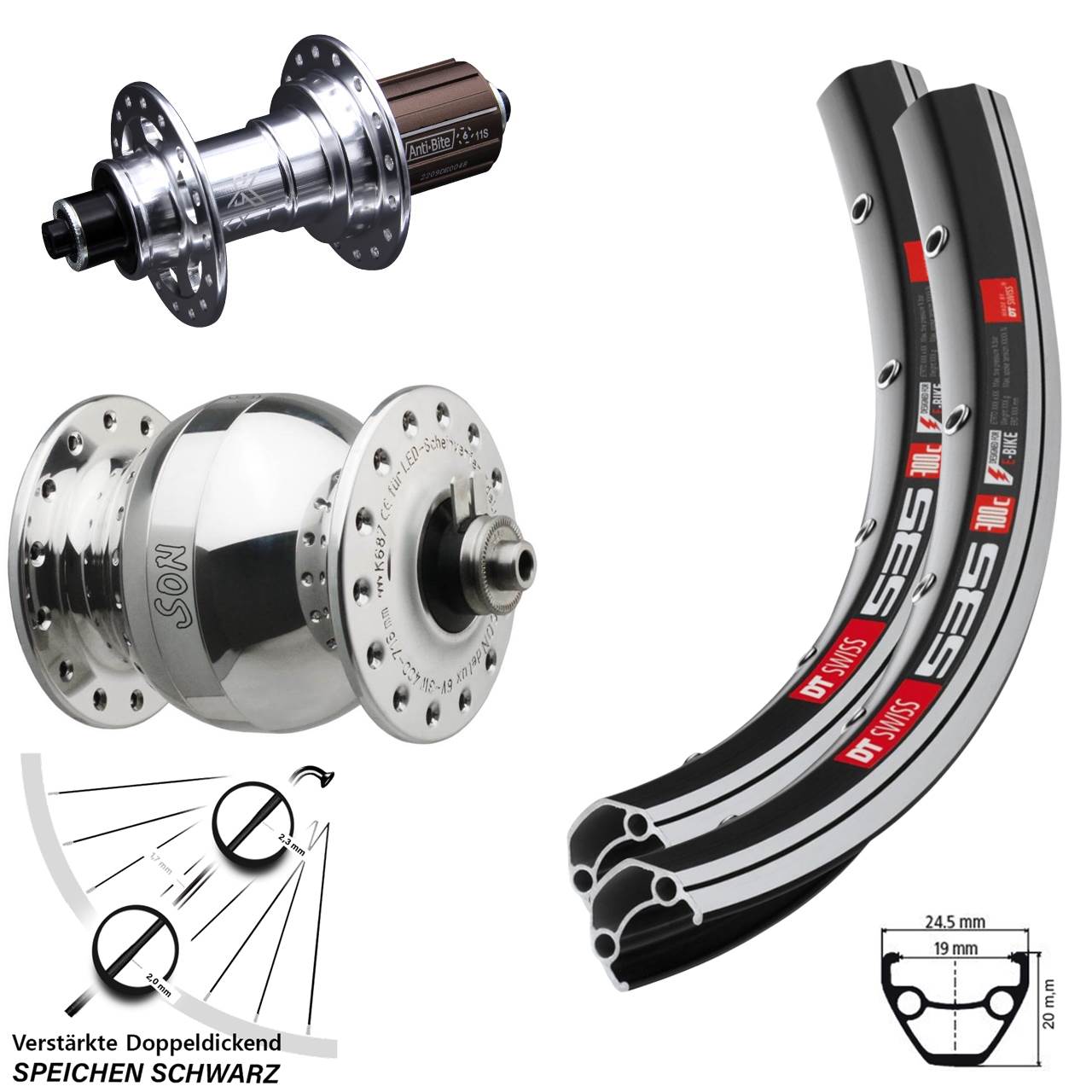 Laufradsatz 26 Zoll DT Swiss 535 KX-T SON delux wide body 8-12 fach HG für Schnellspanner