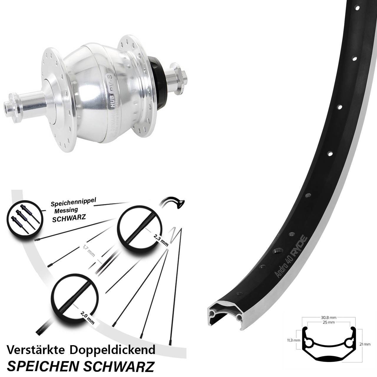 Vorderrad mit Nabendynamo 28 Zoll Ryde Andra 40 Shutter PV-8 QR