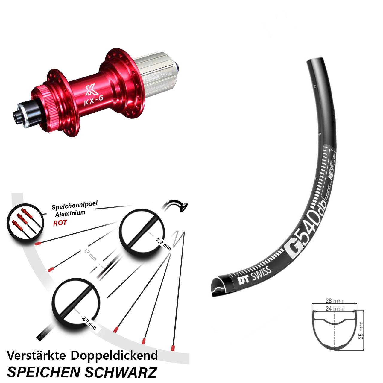 DT Swiss G 540 Hinterrad 27,5 Zoll mit KX-G rot 5x135 mm 8-12 fach Nabe Gravel verstärkt