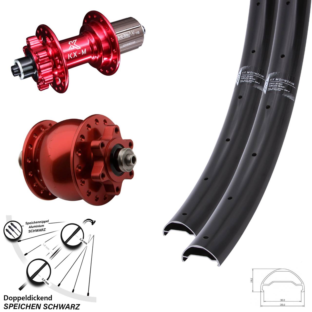 KX-Mountain TR Laufradsatz 29 Zoll rot 6-loch Disc Dynamo SON 28 Schnellspanner