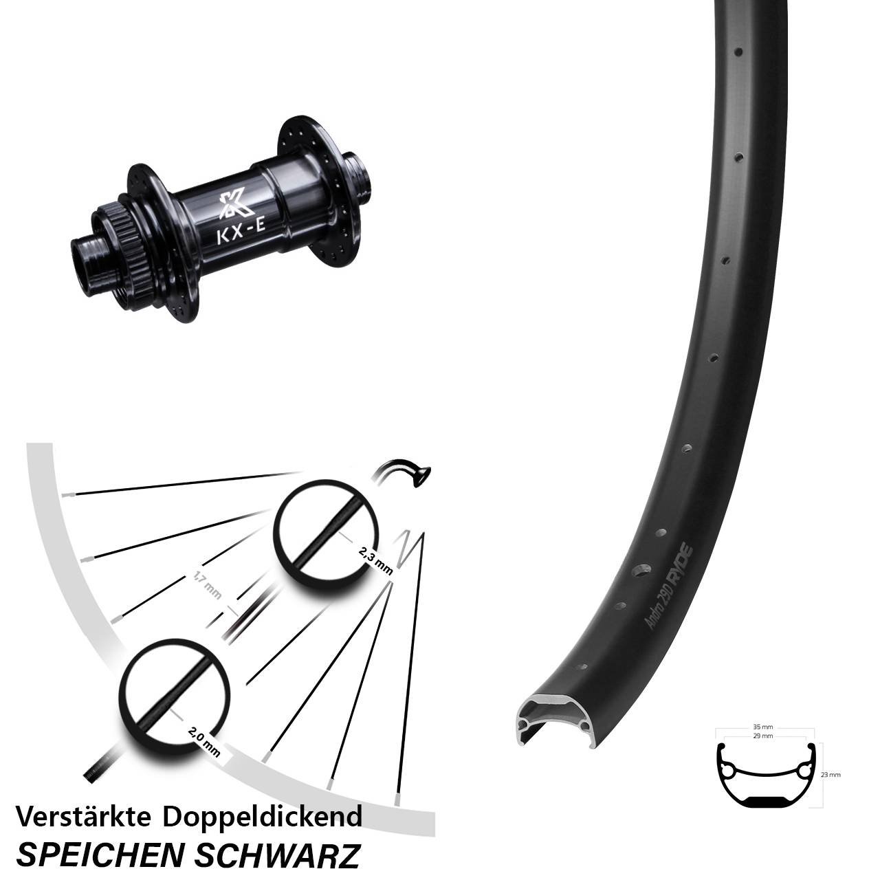 29 Zoll Vorderrad KX-E Nabe Centerlock 15x100 mm Ryde Andra 29-622 ETRTO