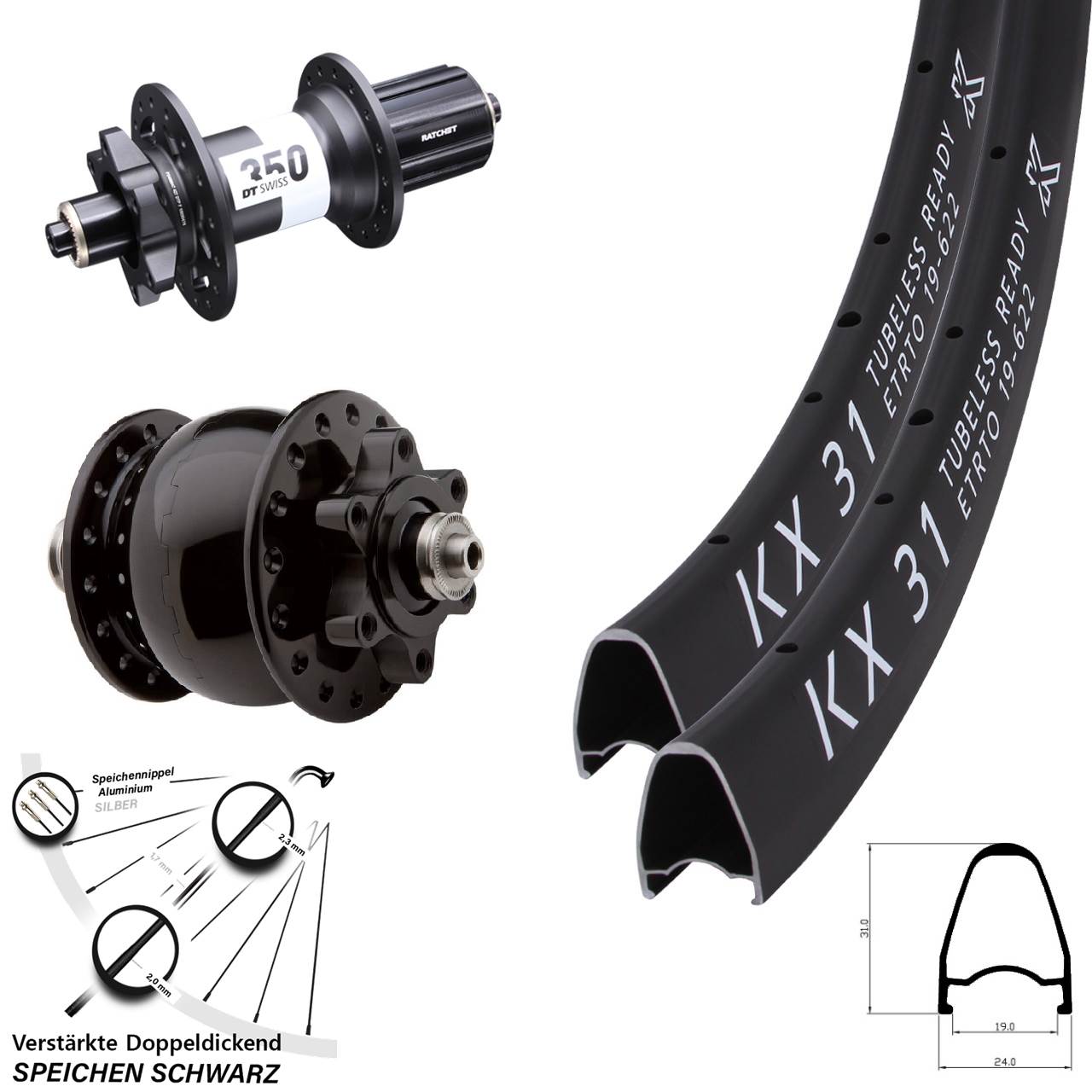 KX 31 DT Swiss 350 HG SON 28 Zoll Disc Laufradsatz 5x100/135
