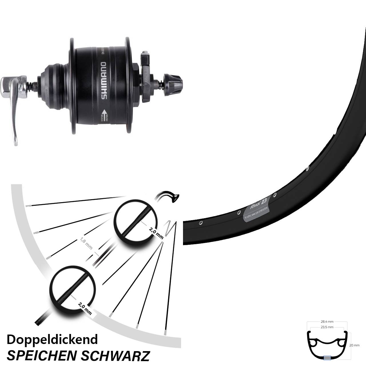 28 Zoll Ryde Rival 23 Shimano DH-3D37 Disc Nabendynamovorderrad QR