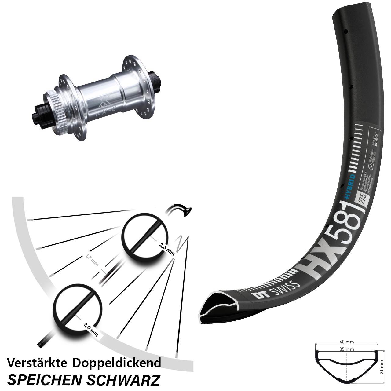 DT Swiss HX581 KX-E 27,5 Zoll Centerlock Vorderrad QR