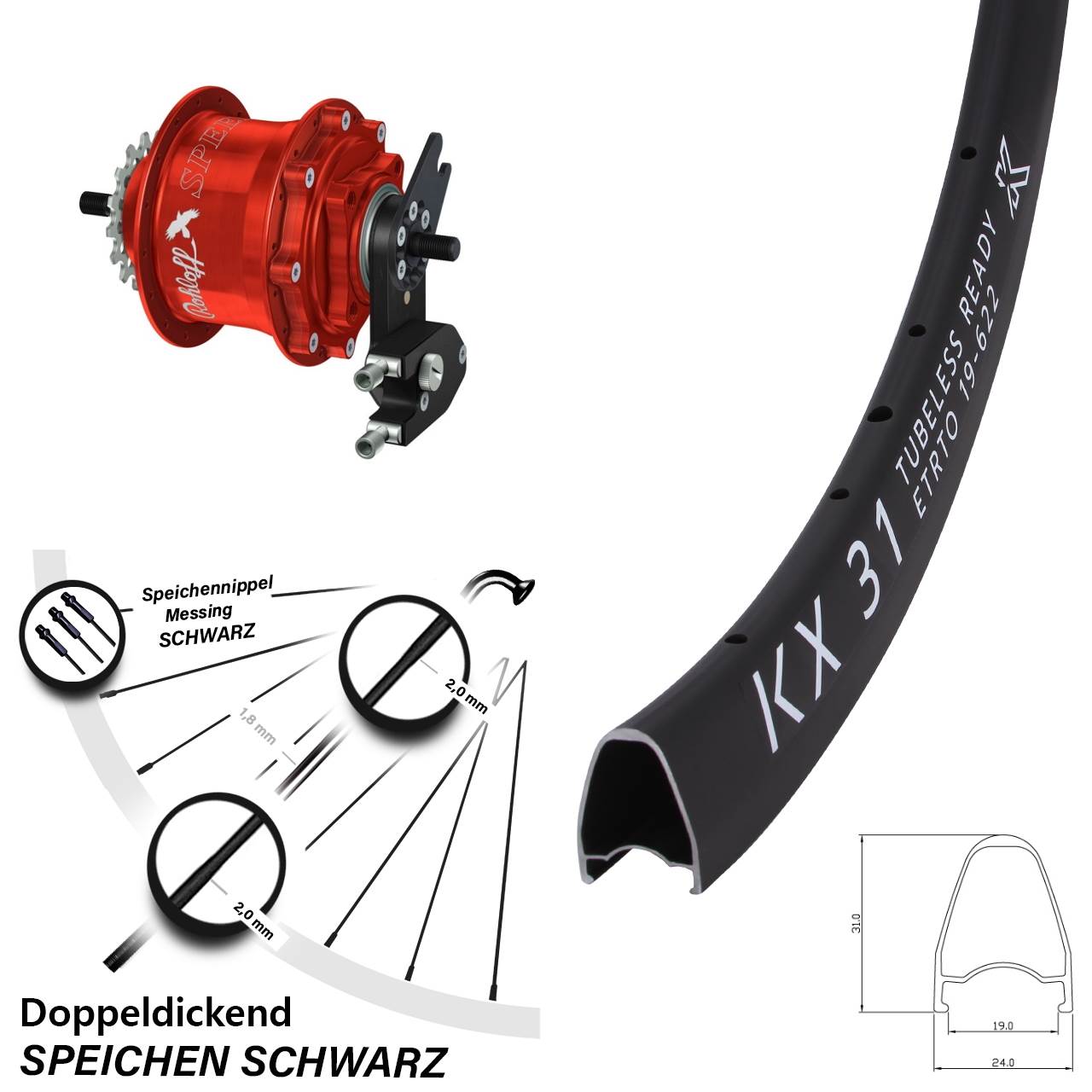 Hinterrad 28 Zoll KX 31 Disc Rohloff Speedhub 500/14 TS DB OEM2 Tandem rot
