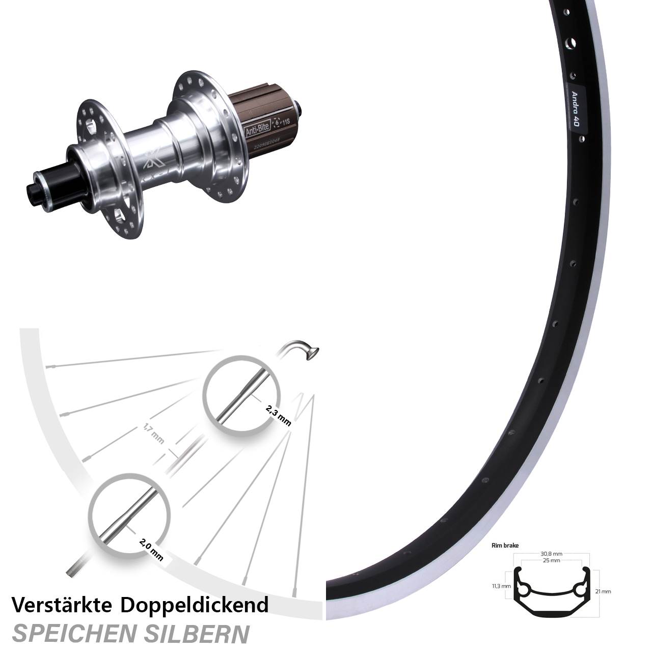 27,5 Zoll Hinterrad KX-T 135 mm silbern Ryde Andra 40 Felgenbremse verstärkt 8-12 fach