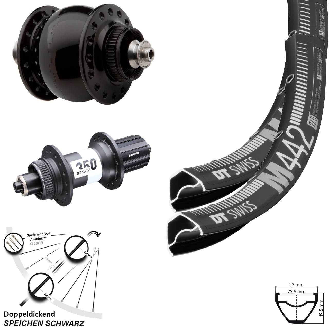 DT Swiss M442-350 SON delux 29 Zoll Laufradsatz für Schnellspanner 8-11 fach