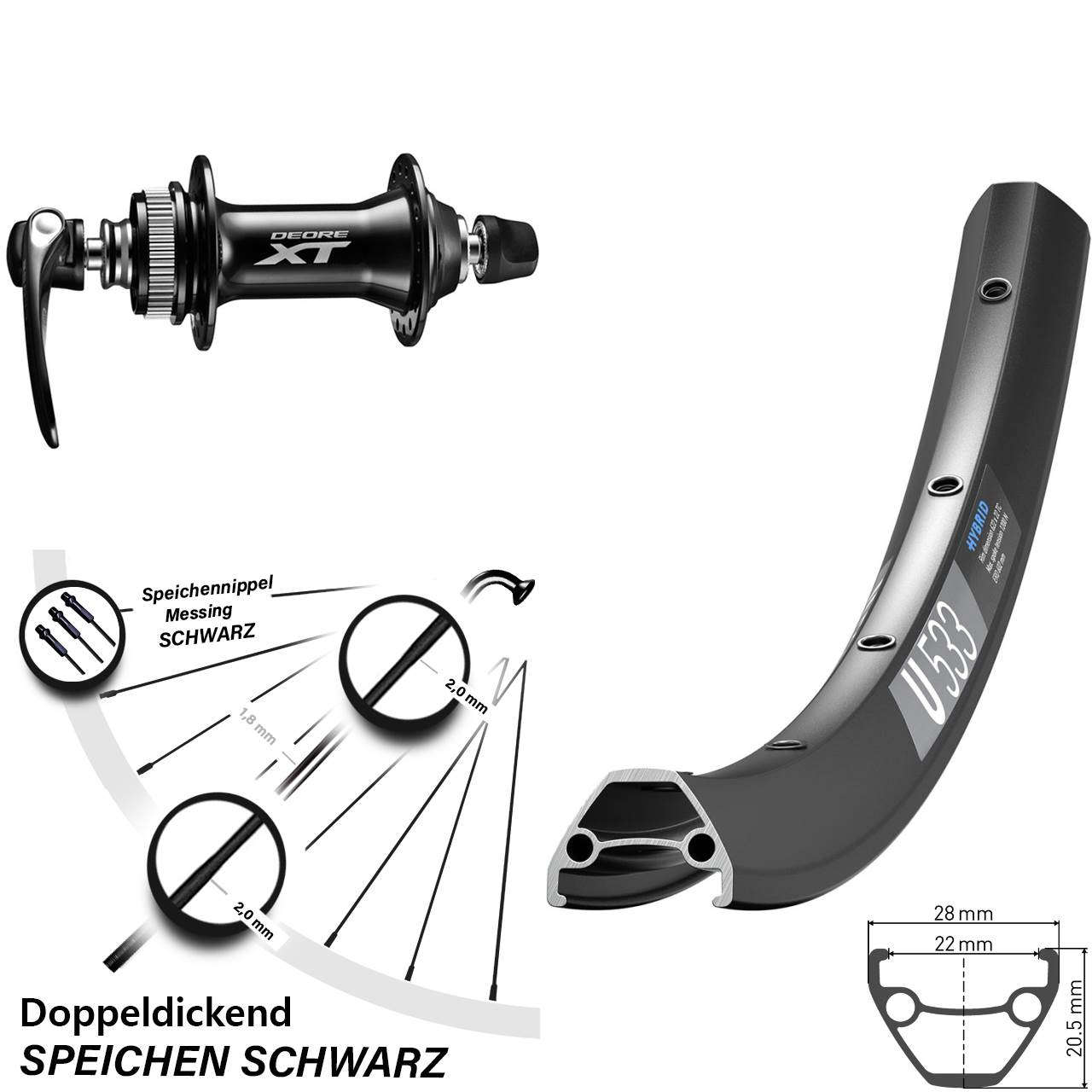 27,5 Zoll DT Swiss U 533 Shimano HB-M8000 Vorderrad Centerlock für Schnellspanner