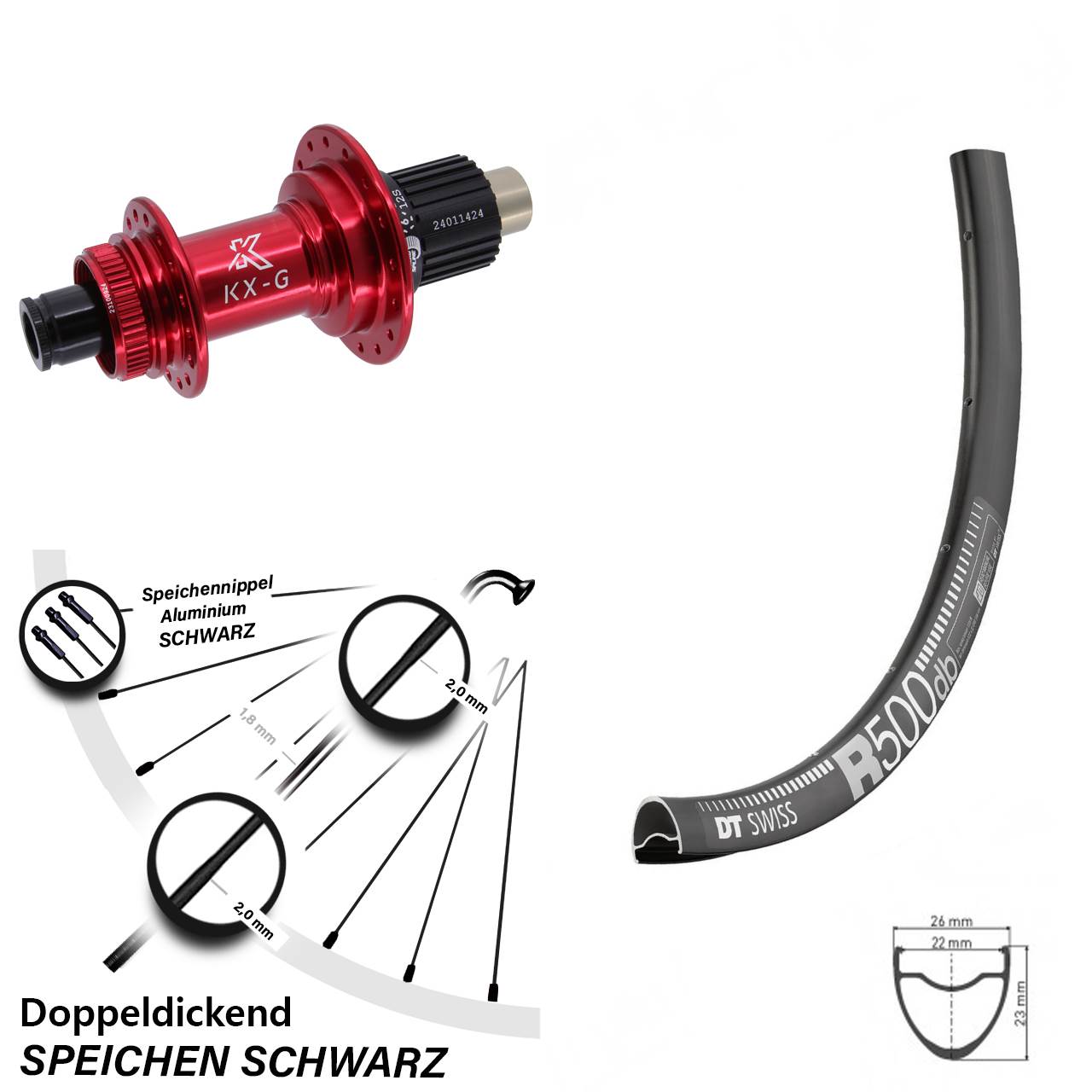 28 Zoll Hinterrad DT Swiss R500 KX-G rot Micro Spline 12x142