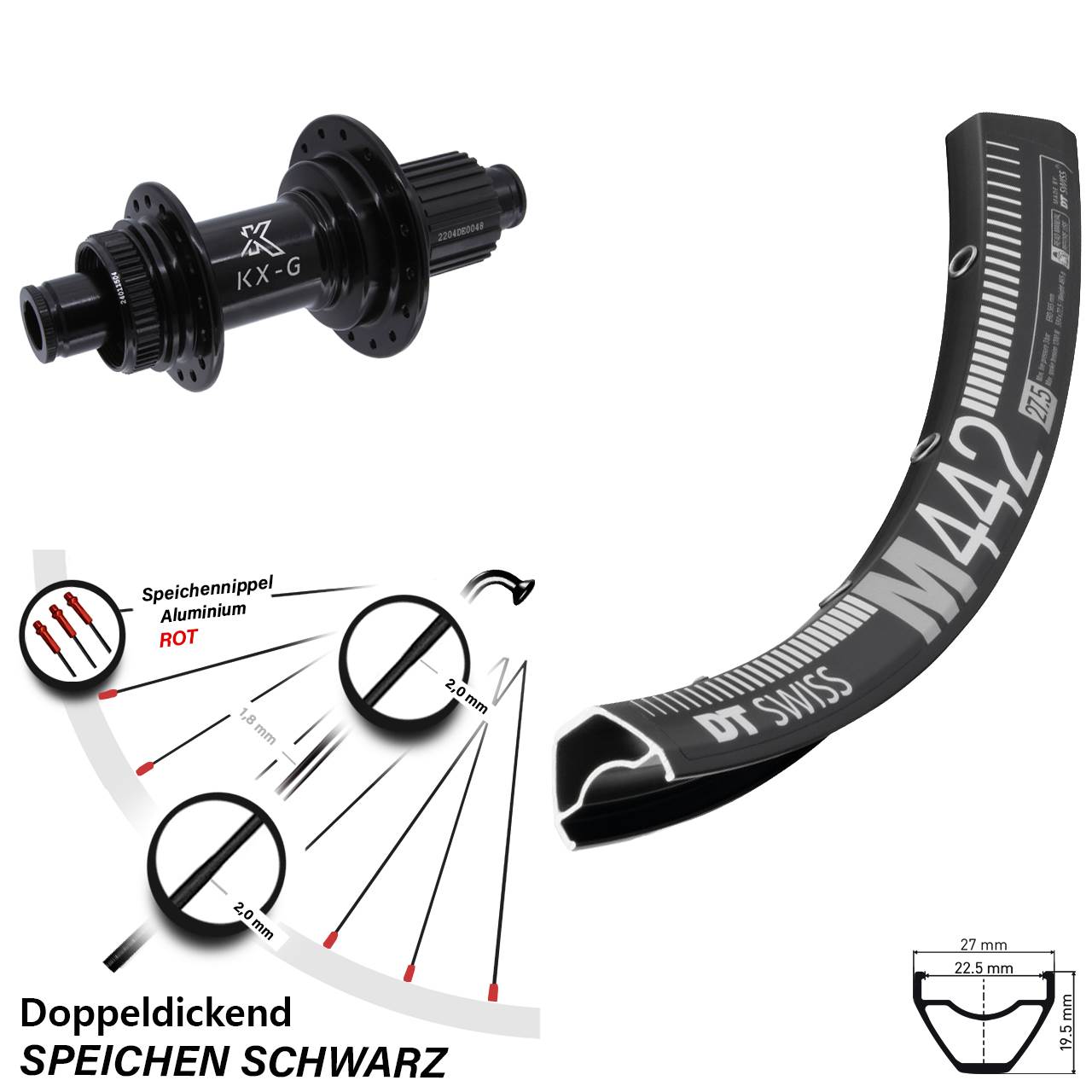 28 Zoll DT Swiss M 442 Hinterrad KX-GS Micro Spline 12x142