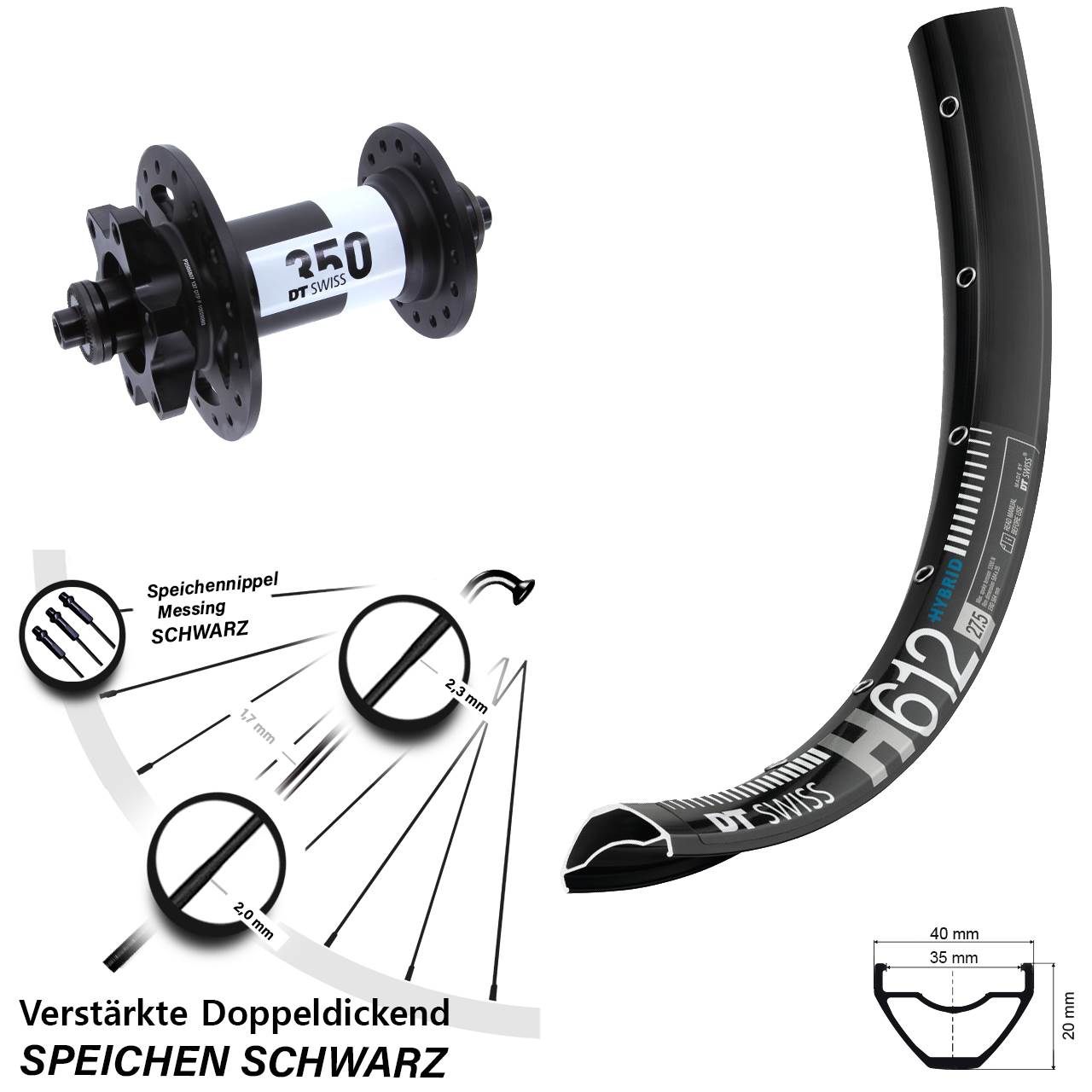 27,5 Zoll DT Swiss H 612-350 Disc Vorderrad für Schnellspanner