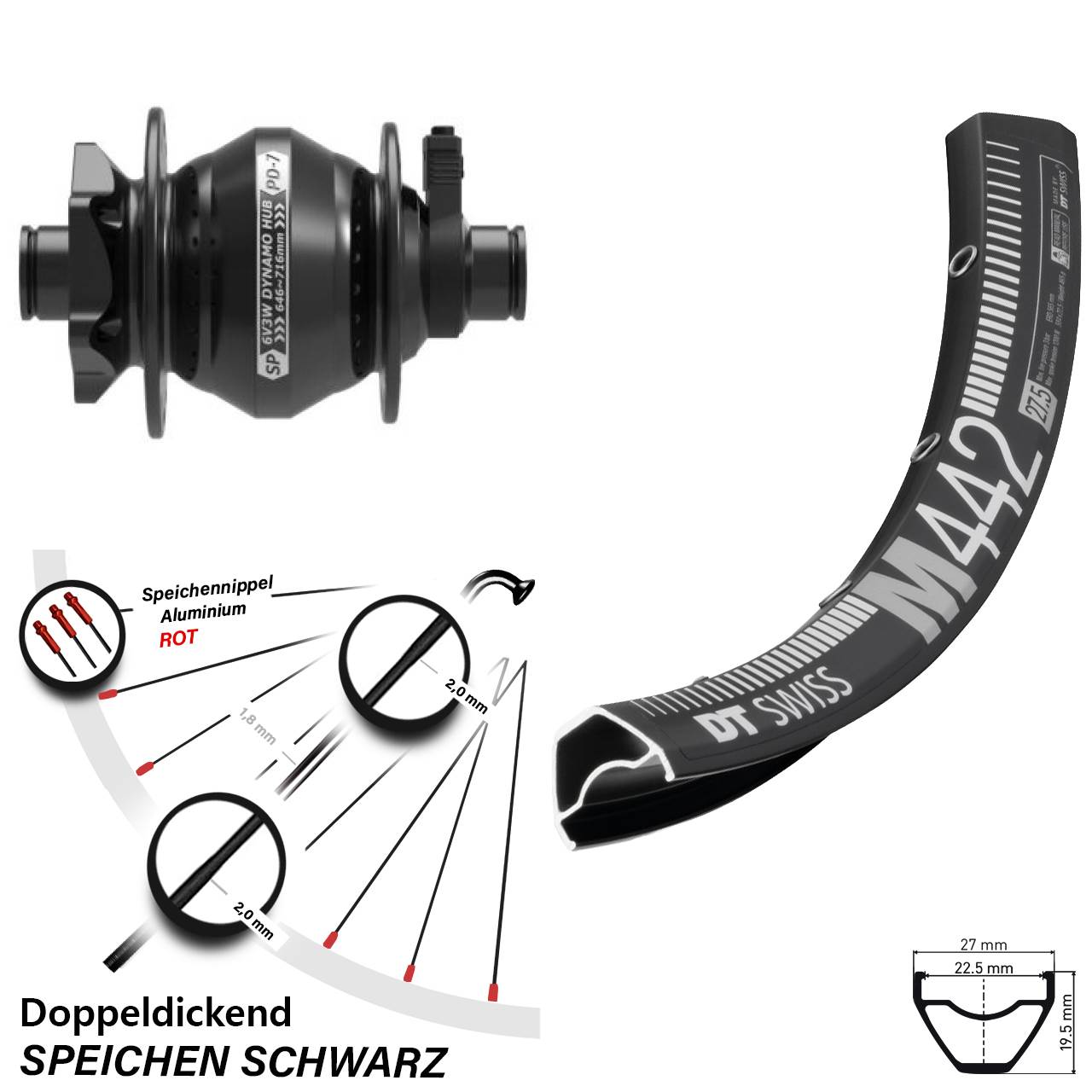 DT Swiss M 442 Shutter PD-7 28-29 Zoll Disc Vorderrad mit Nabendynamo 12x100