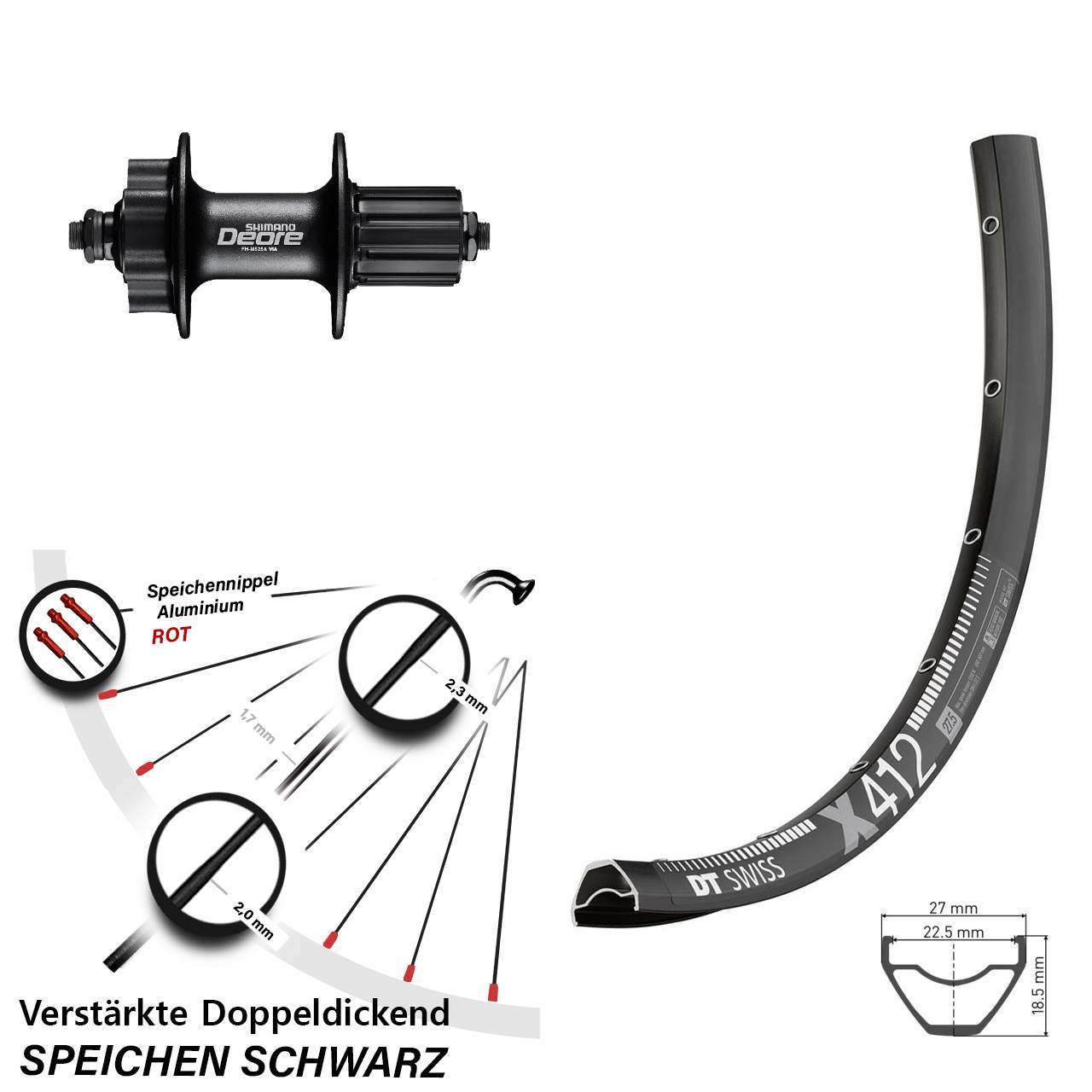 6-Loch Hinterrad 29 Zoll DT Swiss X412 Shimano Deore FH-M525 8-11 fach für Schnellspanner