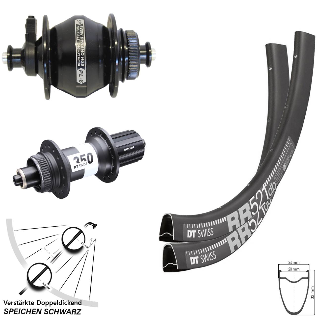 DT Swiss RR 521 350 Shutter PL-8 28 Zoll Disc Laufradsatz QR 8-11 fach schwarz