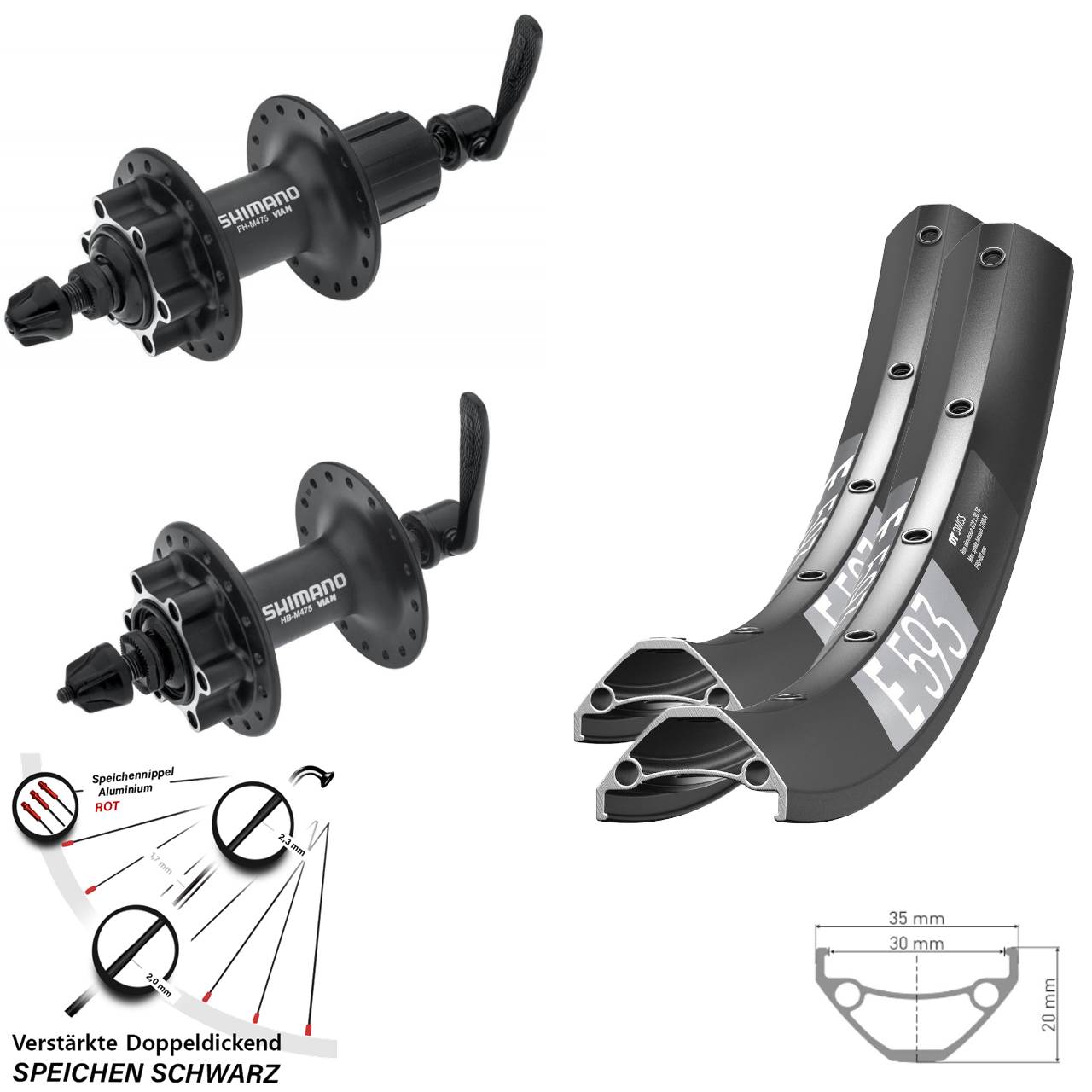 DT Swiss E593 Shimano HB-M475 FH-M475 27,5 Zoll Laufradsatz 6-Loch QR 8-11 fach