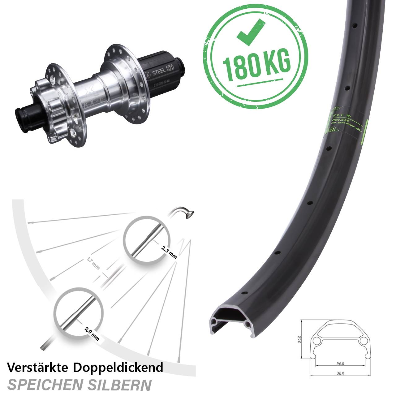 E-Bike Lastenrad KX-Evo Hinteres Rad 20 Zoll für Steckachse Shimano 11-fach