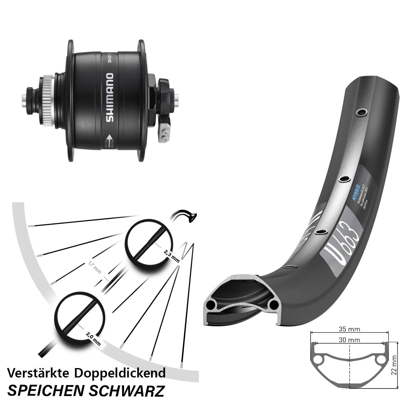 Disc Laufrad mit Nabendynamo 20 Zoll DT Swiss U663 Shimano DH-3D37