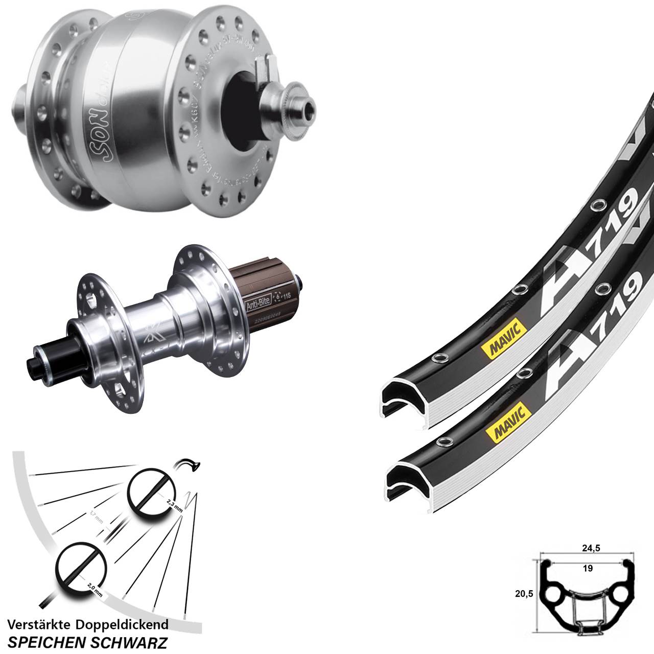 28 Zoll Mavic A719 KX-T SON delux Laufradsatz für Schnellspanner 8-12 fach HG