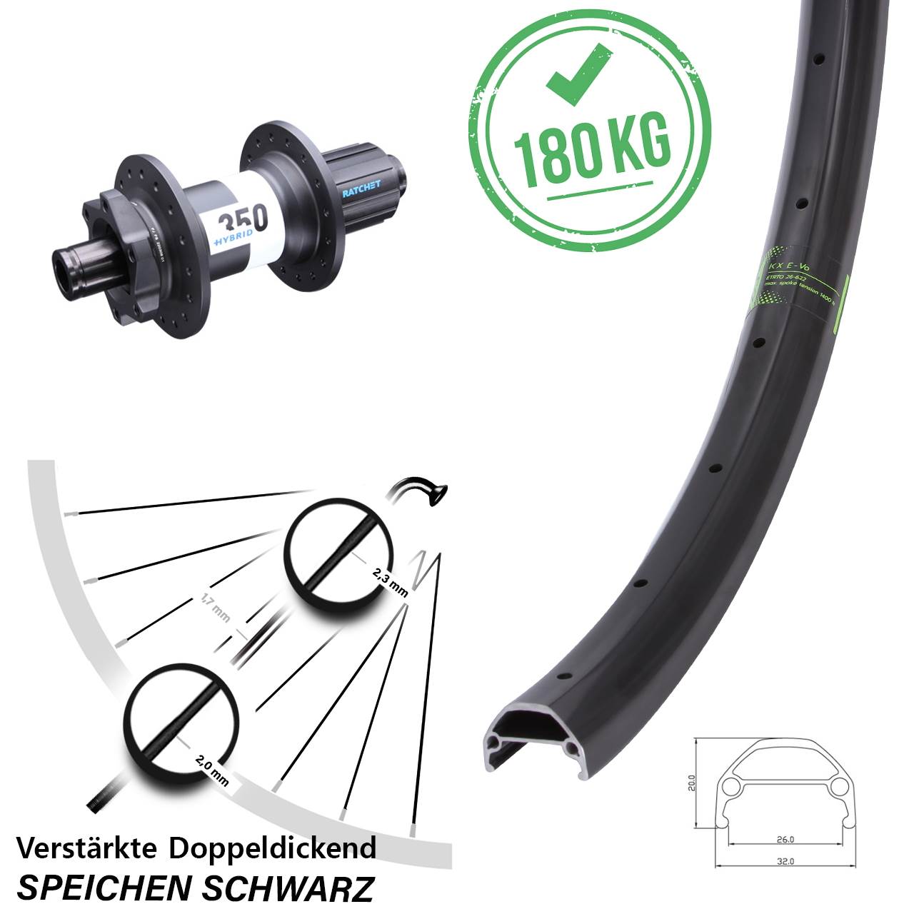 29 Zoll E-Bike Hinteres Rad KX Evo verstärkt DT Swiss 350 Hybrid Boost 12x148 mm 8-11 fach