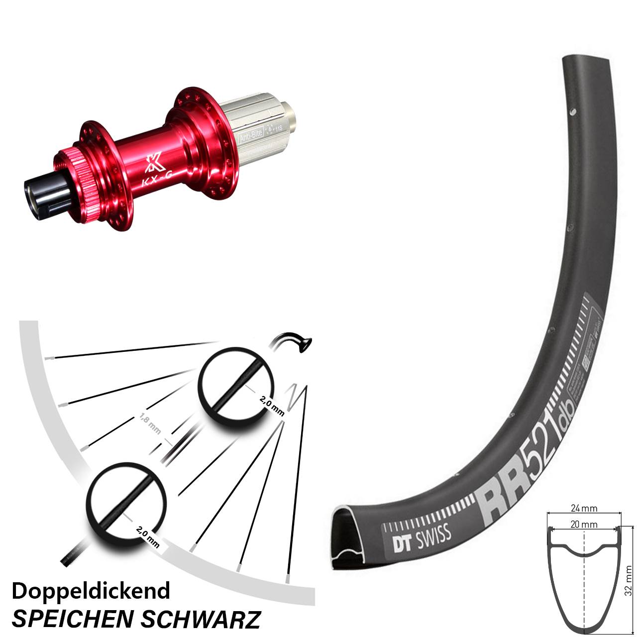 KX-G Nabe rot Steckachse 8-12 fach DT Swiss RR 521 DB Hinteres Rad 28 Zoll Centerlock