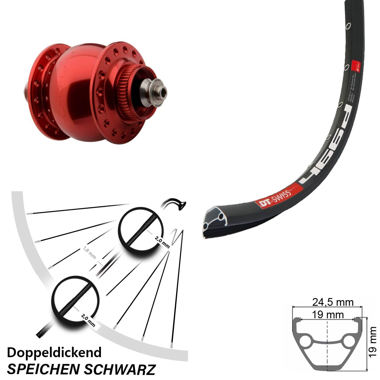Disc Nabendynamovorderrad 28 Zoll DT Swiss 466d SON delux rot QR