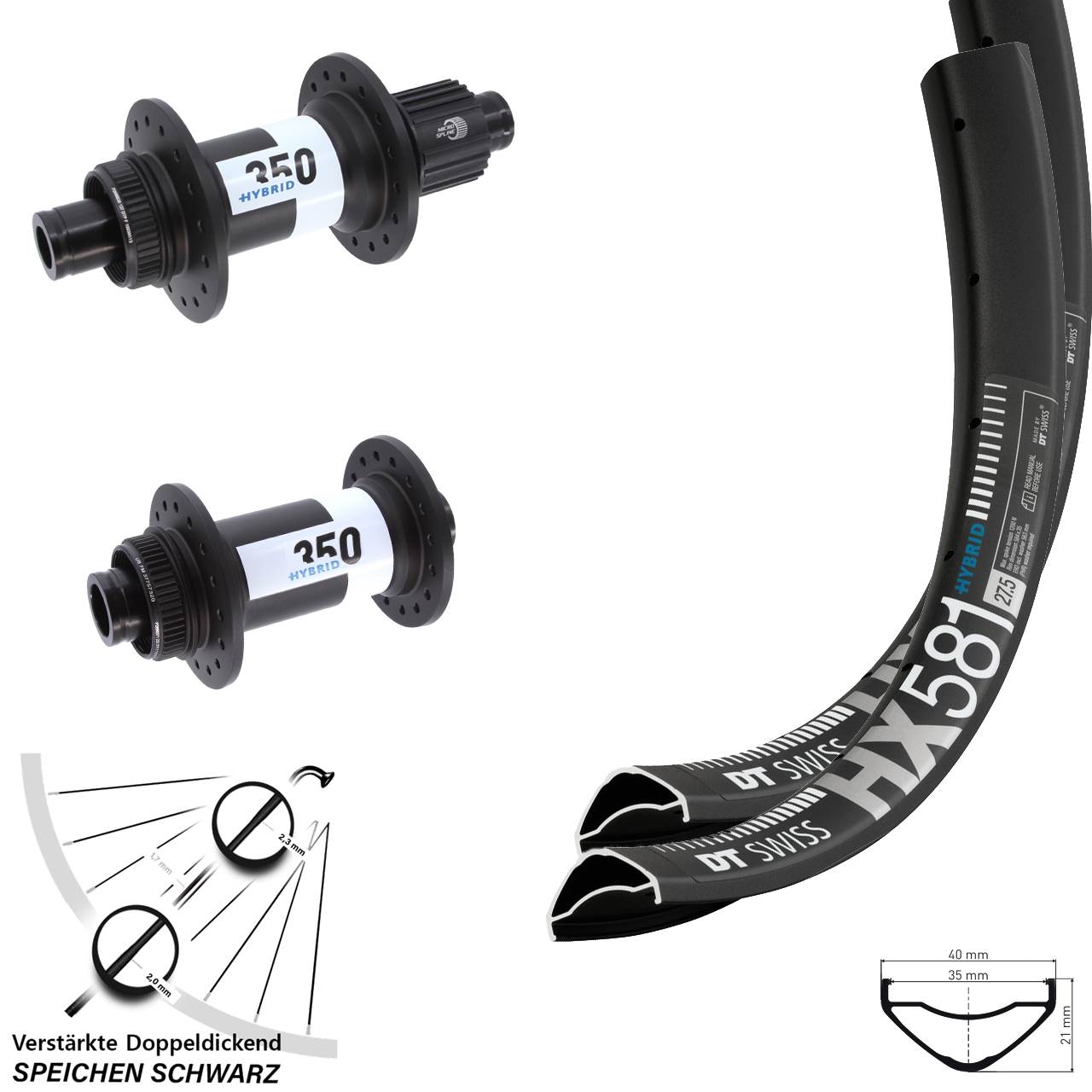 27,5 Zoll HX 581 DT Swiss 350 Hybrid Laufradsatz 15x110 12x148 Micro Spline