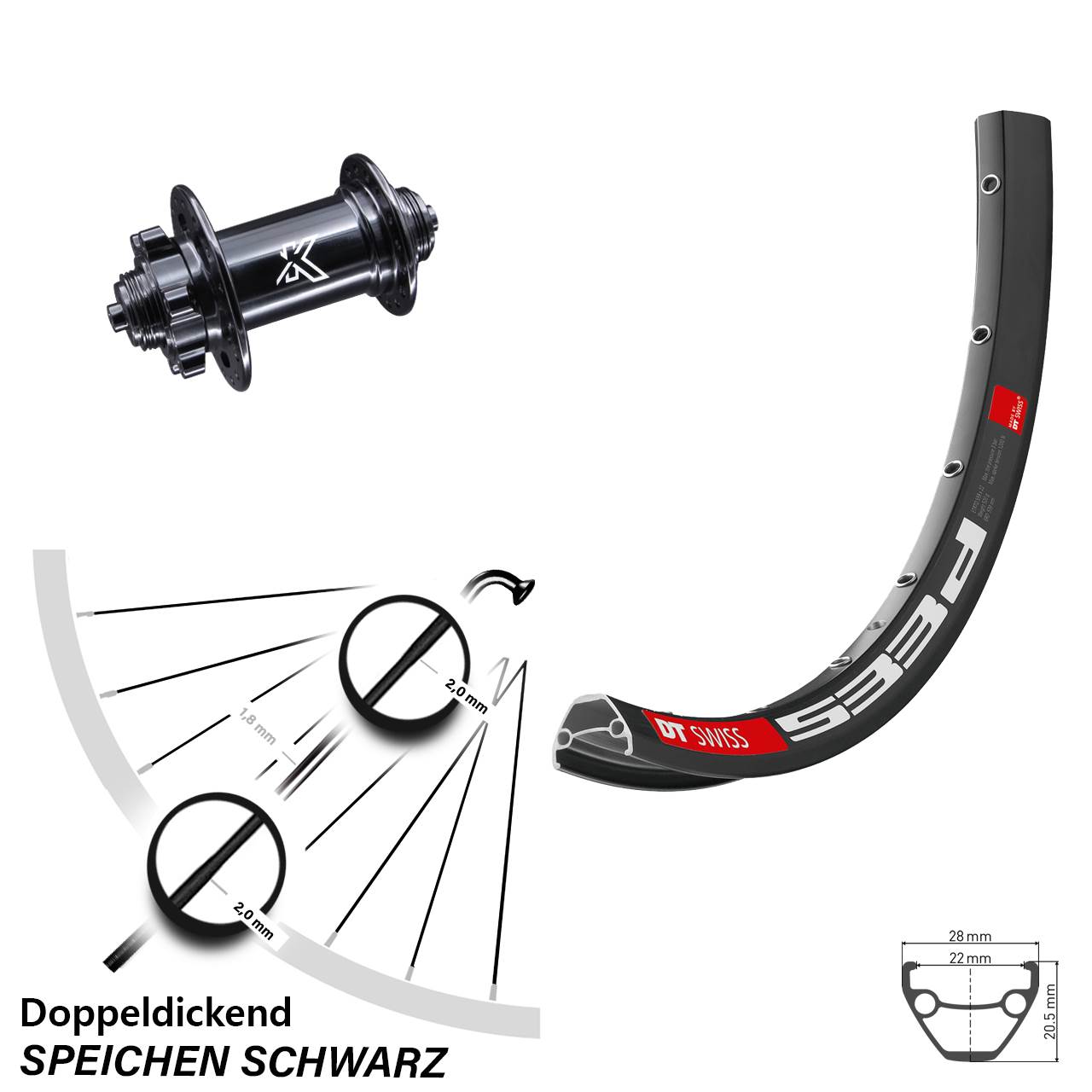 schwarzes 27,5 Zoll Vorderrad DT Swiss 533 D mit KX-M Nabe 6-Loch Schnellspanner