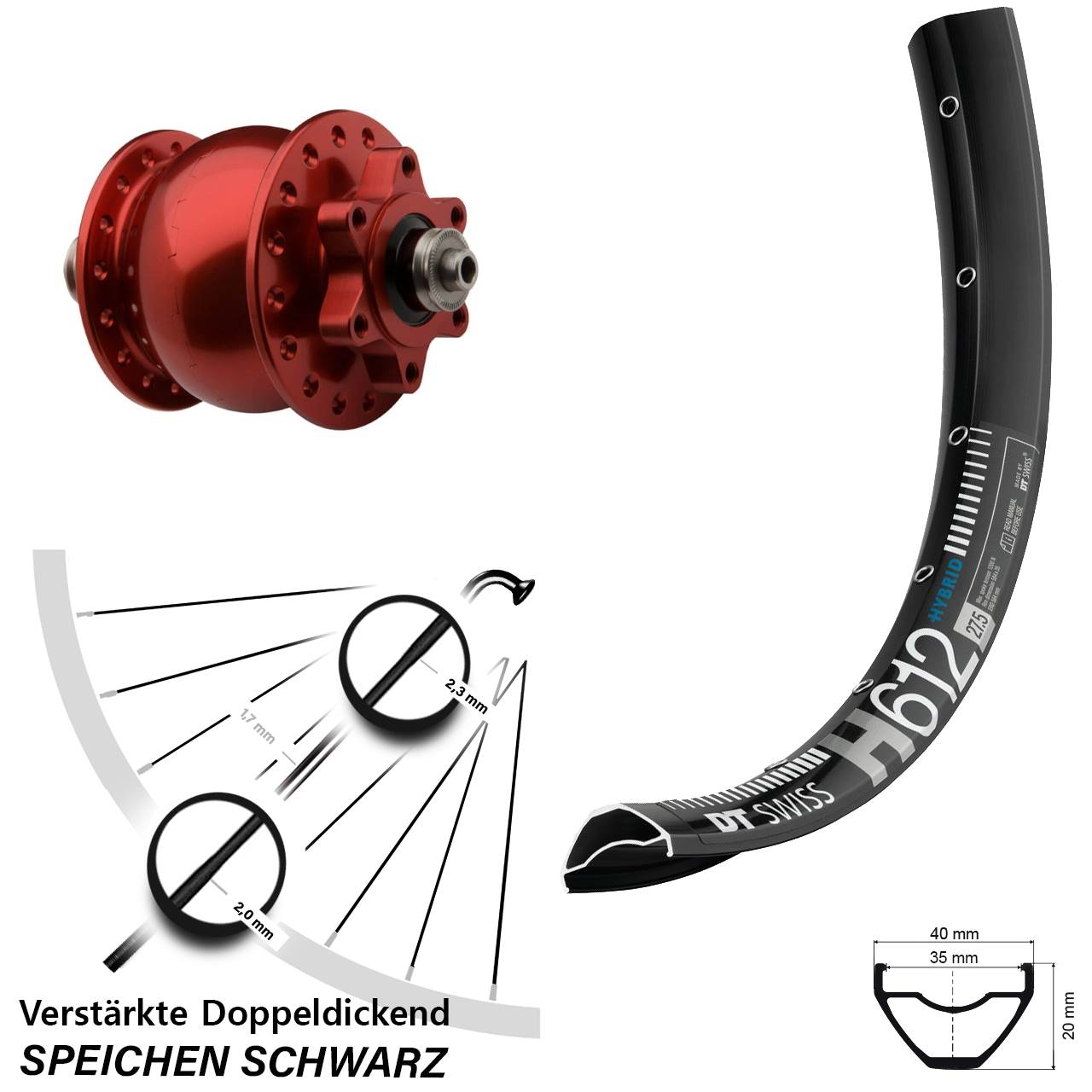 Nabendynamovorderrad 6-Loch 27,5 Zoll DT Swiss H 612 SON 28 rot für Schnellspanner