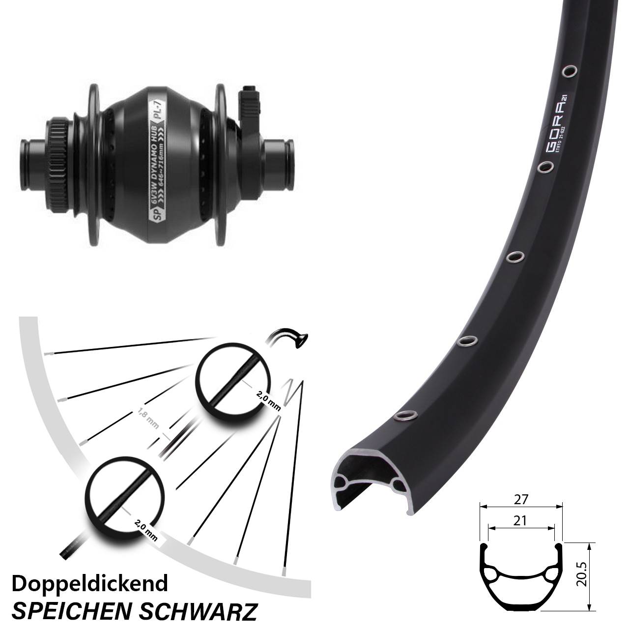 Nabendynamovorderrad 28 Zoll Gora 21 Shutter Precision PL-7 Centerlock 12x100