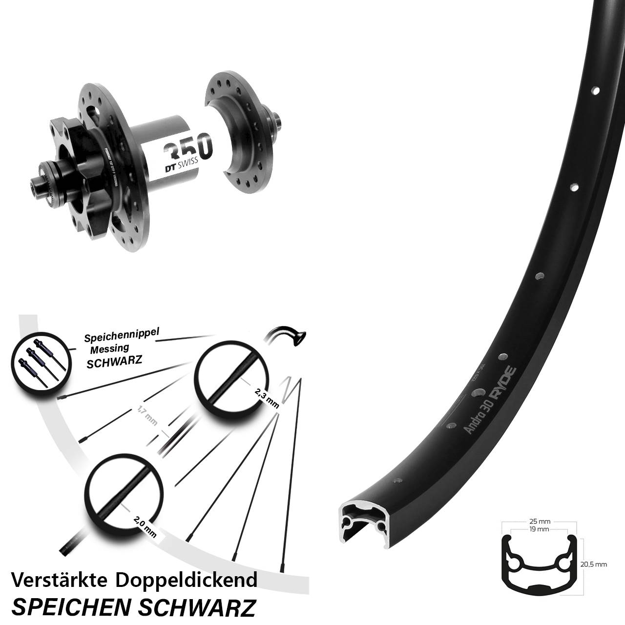 Ryde Andra 30 Disc DT Swiss 350 28 Zoll 6-Loch Vorderrad QR