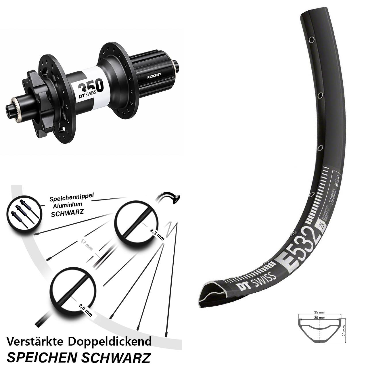 DT Swiss E532-350 Ratchet 36 29 Zoll Hinterrad für Schnellspanner 8-11 fach HG