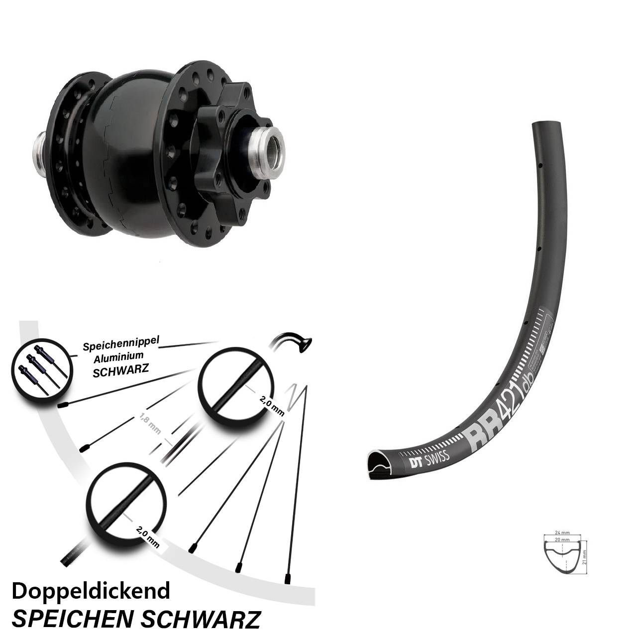 SON 28 Zoll Vorderrad Road Disc Nabendynamo 12 Steckachse 6-loch DT Swiss RR 421 DB
