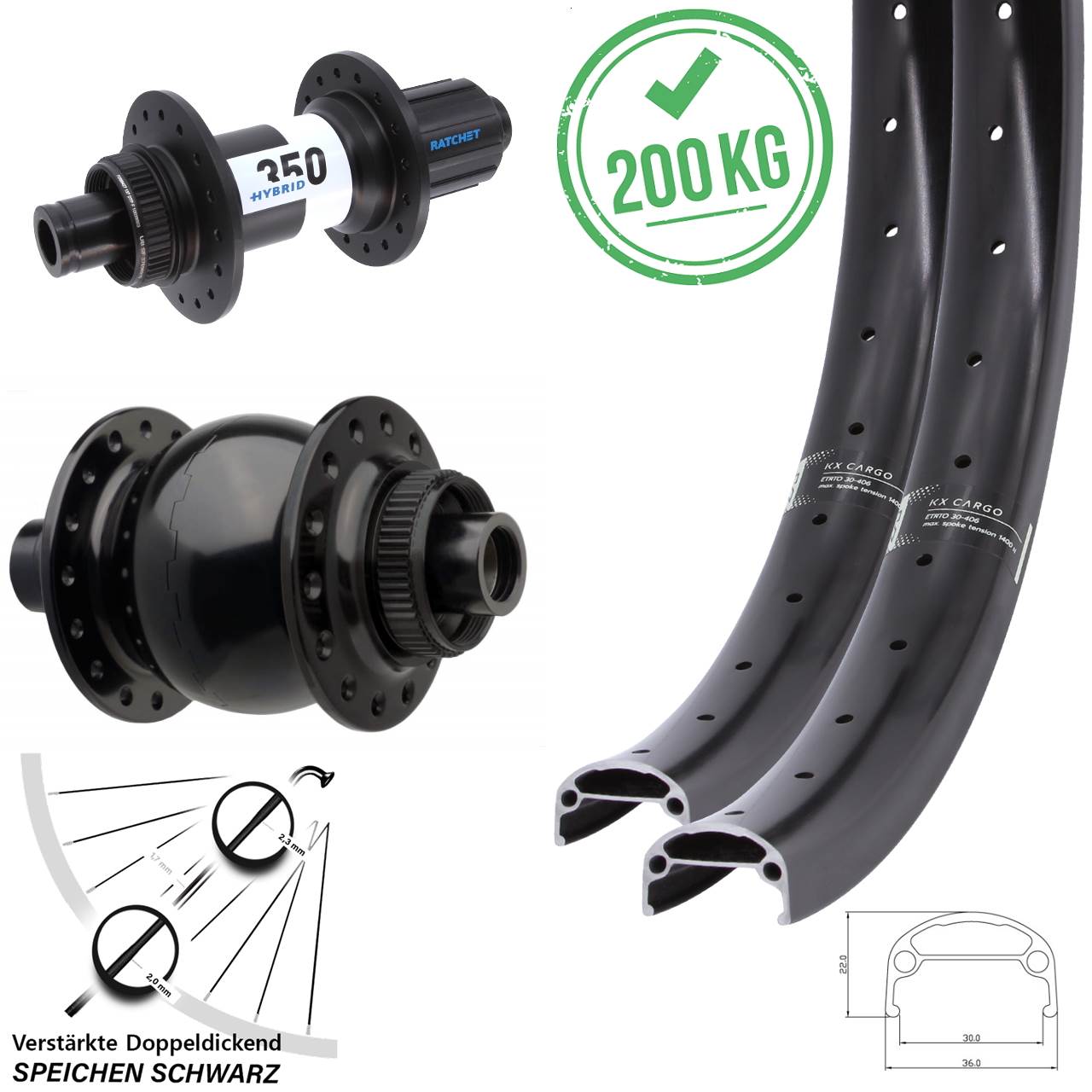 Centerlock Laufradsatz 15x110 12x148 20 Zoll KX Cargo DT Swiss Hybrid 350 SON 28 8-11 fach