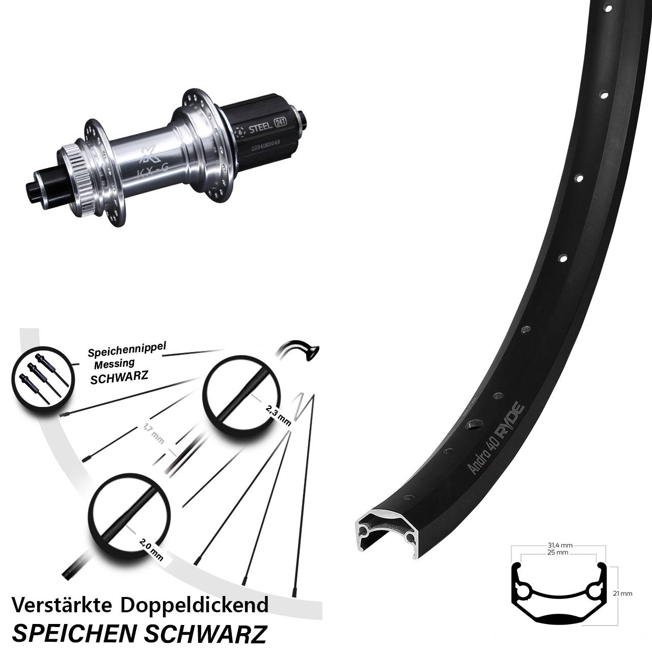 Centerlock Hinterrad QR 28-29 Zoll Ryde Andra 40 Disc KX-GS verstärkt 8-12 fach