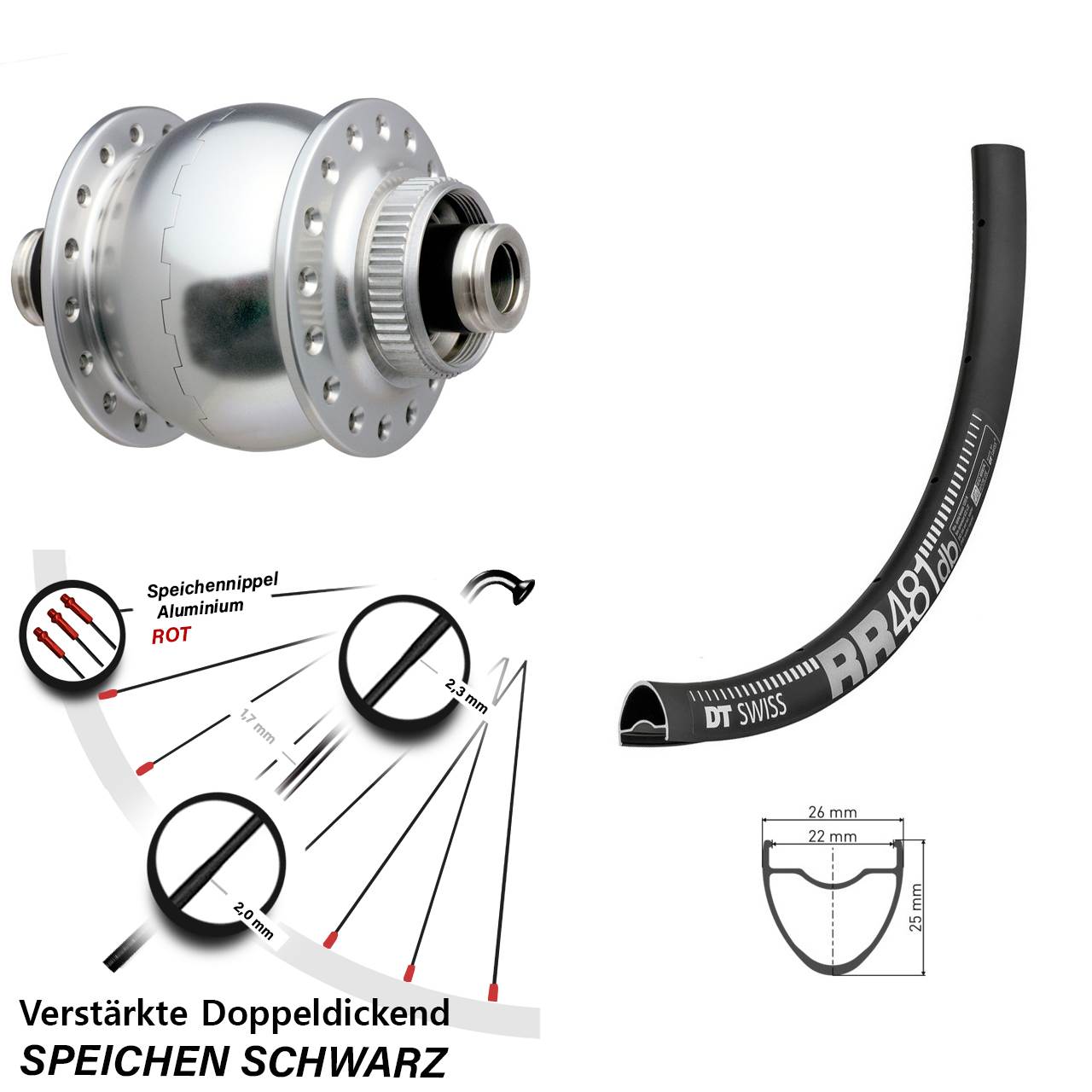 SON 28 Zoll Nabendynamo Vorderrad DT Swiss RR 481 DB für Steckachse silbern eloxiert