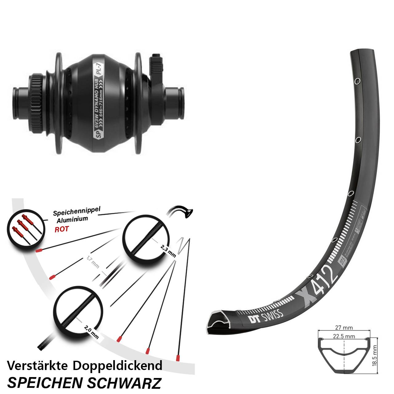 Disc Vorderrad mit Nabendynamo 12x100 29 Zoll DT Swiss X 412 Shutter PL-7