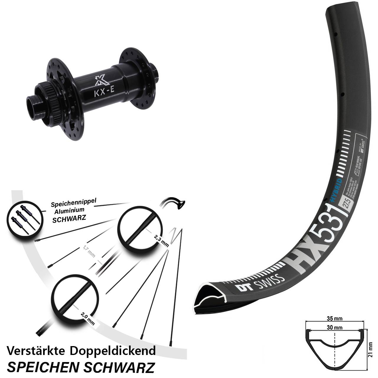 Vorderrad Centerlock 27,5 Zoll DT Swiss HX531 KX-E Heavy Duty 15x110 Boost
