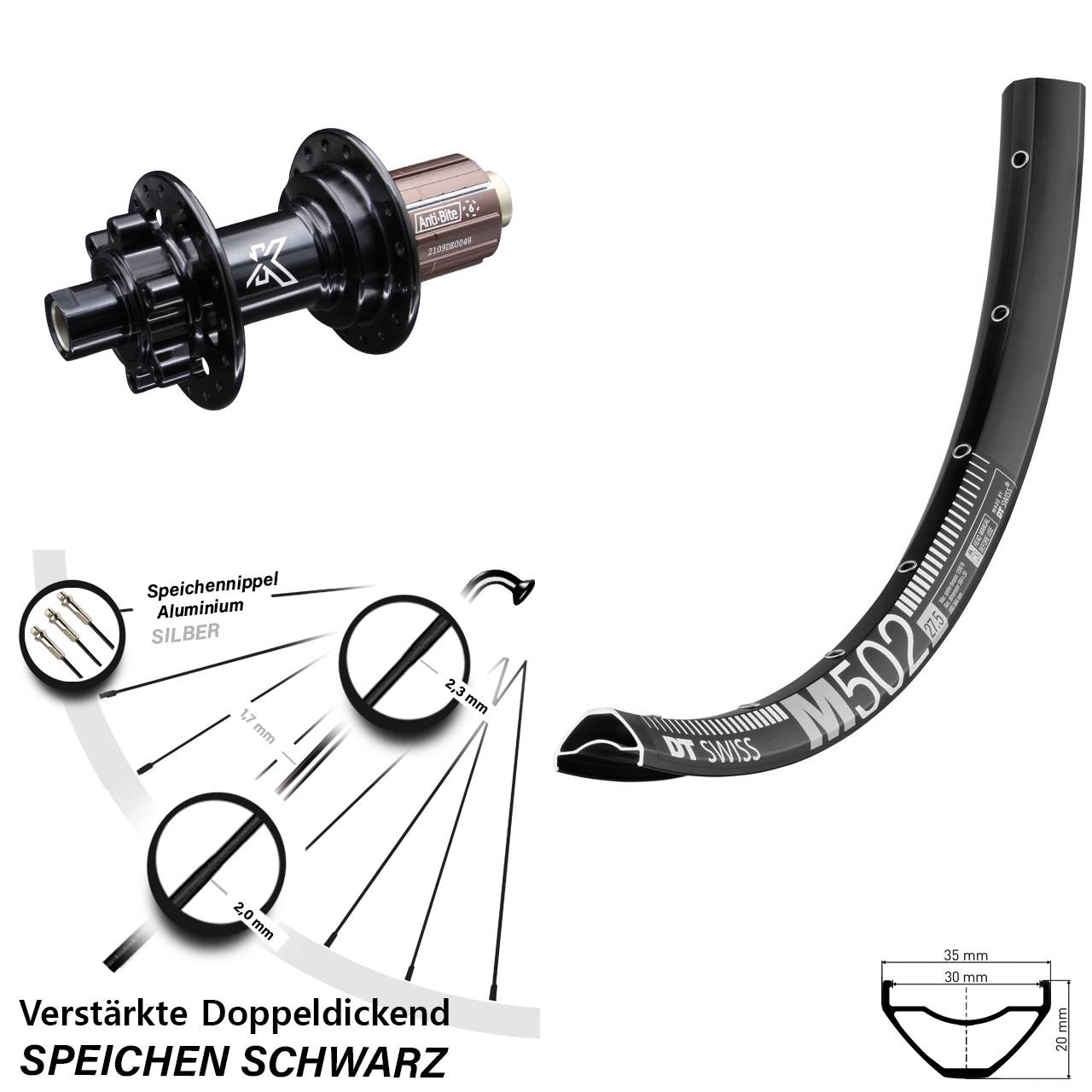 DT Swiss M 502 KX-M Shimano Anti-Bite 29 Zoll Disc Hinterrad 12x142 8-12 fach