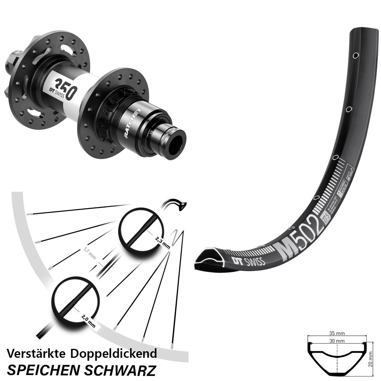 Hinterrad 6-Loch 29 Zoll DT Swiss M 502-350 Ratchet 36 SRAM XD 12x142