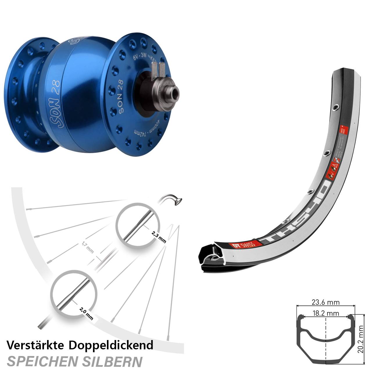 Vorderrad 28 Zoll DT Swiss TK 540 schwarz SON 28 blau