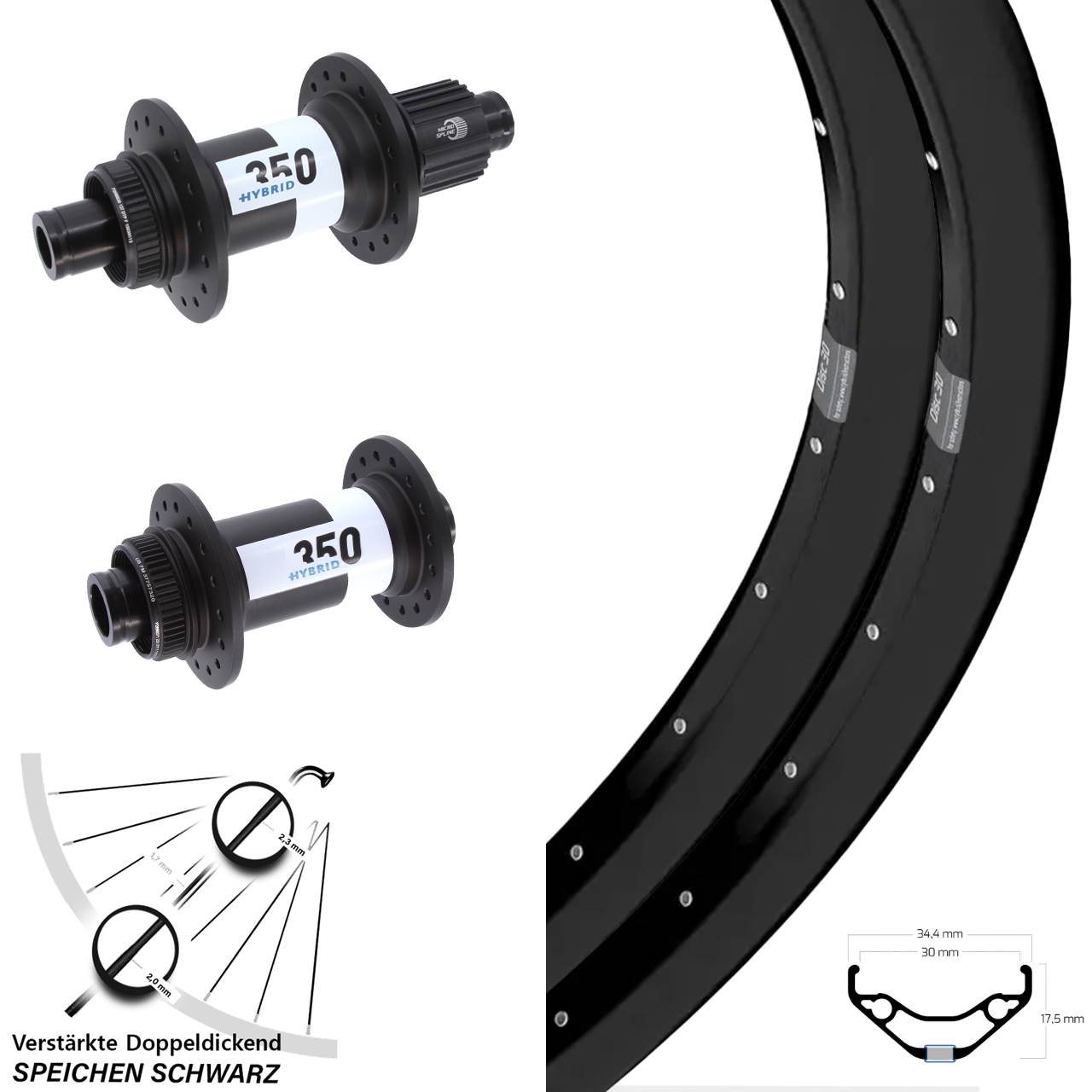Laufradsatz Centerlock 27,5 Zoll Ryde Disc 30 350 Hybrid Micro Spline 15x110 12x148