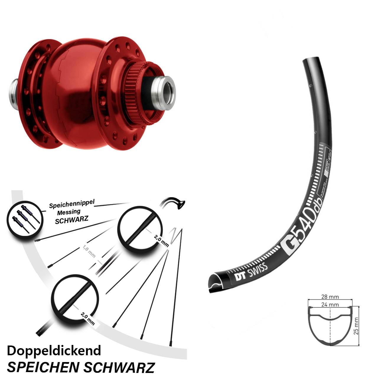Centerlock Dynamo-Vorderrad 12x100 27,5 Zoll DT Swiss G540 SON 28 rot