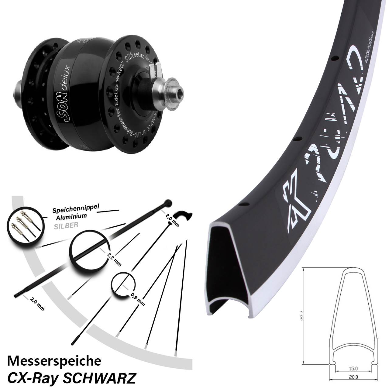 Vorderrad Dynamo SONdelux schwarz KX Road QR 24x CX-Ray Messerspeiche