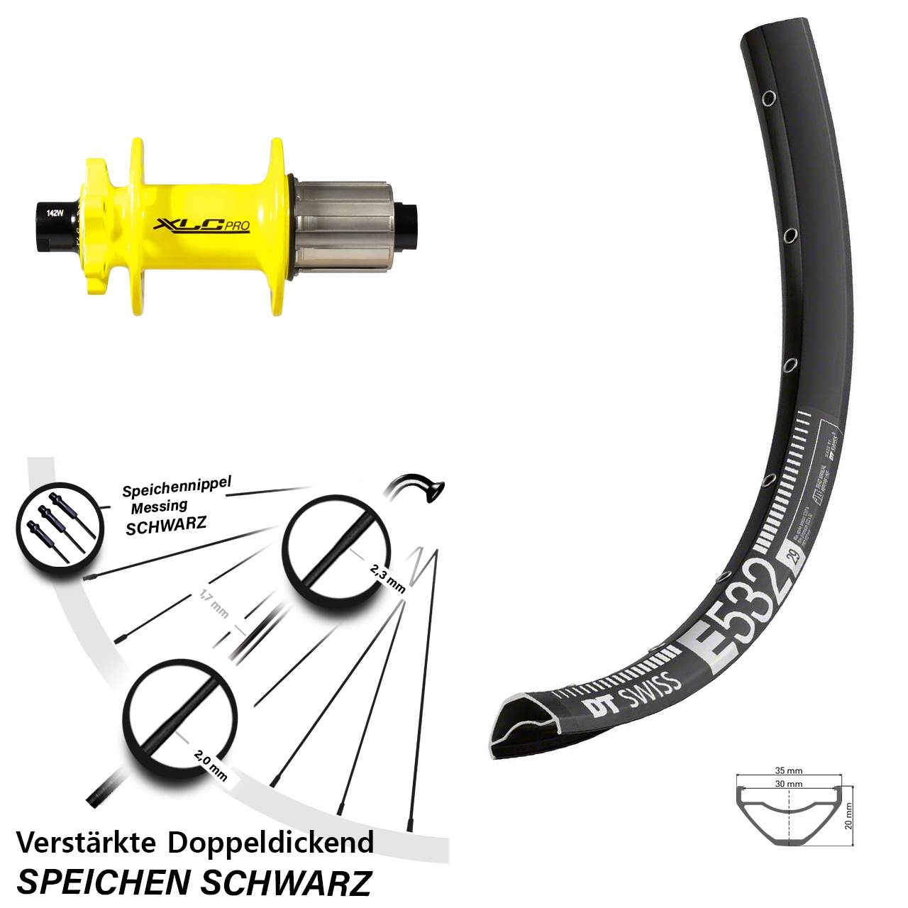 DT Swiss E532 XLC Pro gelb 29 Zoll 6-Loch Hinterrad 12x142 8-11 fach