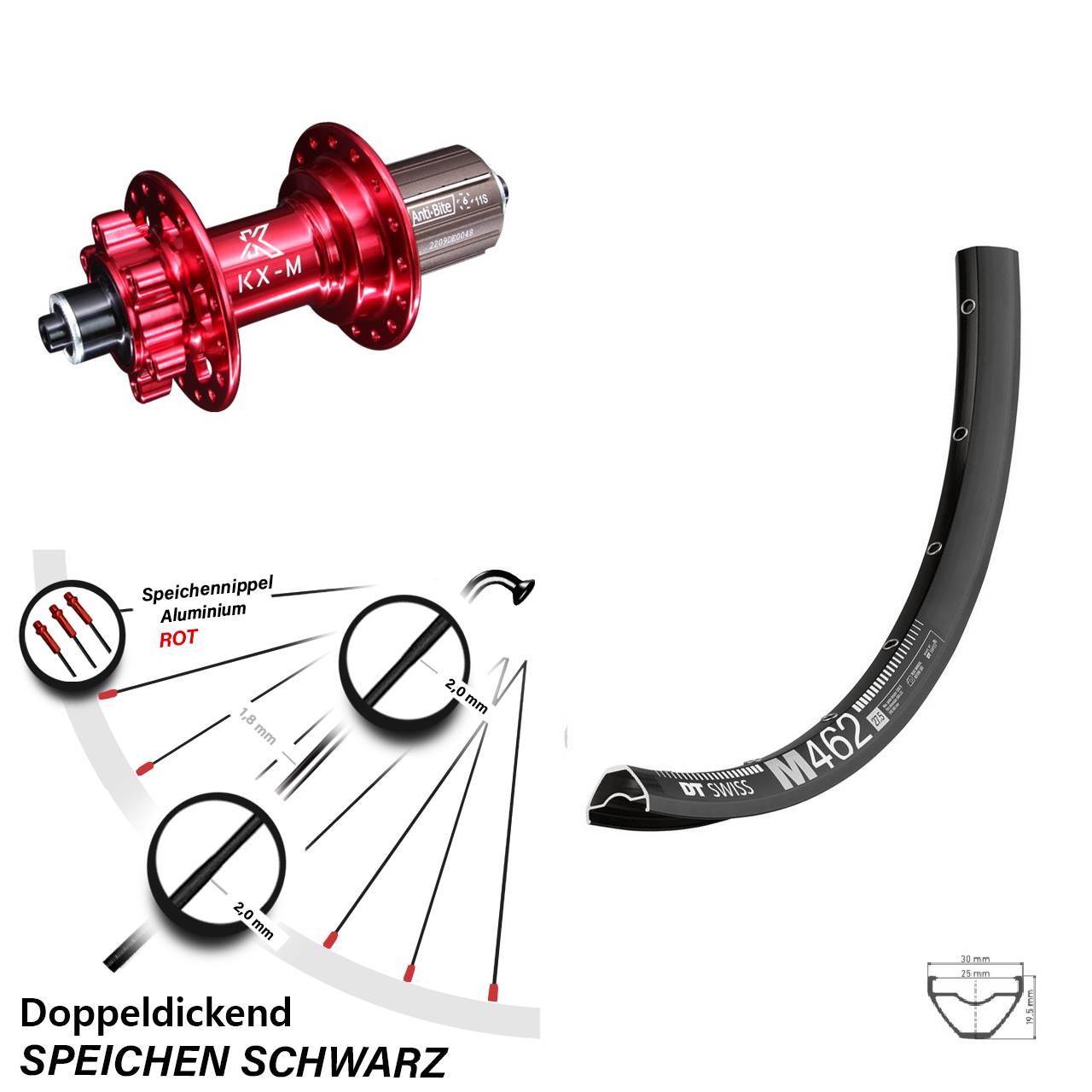 DT Swiss M462 KX-M rot 27,5 Zoll Disc Hinterrad QR 8-12 fach